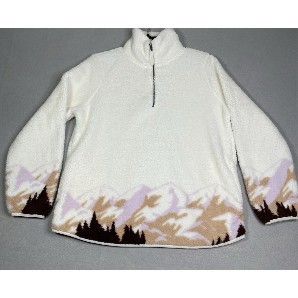 OLIVE OAK Womens "L" Pre-Owned White Faux Fur Sherpa Fleece 1/4 Zip Sweatshirt